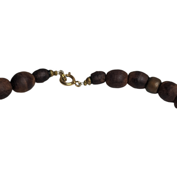 Boho Dark Brown Smooth Wooden Beaded Necklace Womens Vintage Jewelry - Picture 6 of 8